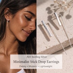 Minimalist Silver Stick Drop Earrings - Modern Dainty Design